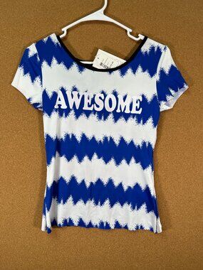 Extra Belleza Women Top Shirt Small Graphic Tee Blue White Short Sleeve NWT